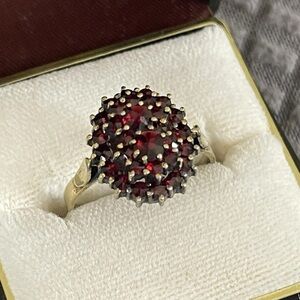 Sold! Vtg Czech 900 Silver Gilt Bohemian Pyrope Garnet Tiered Cluster Ring sz 9